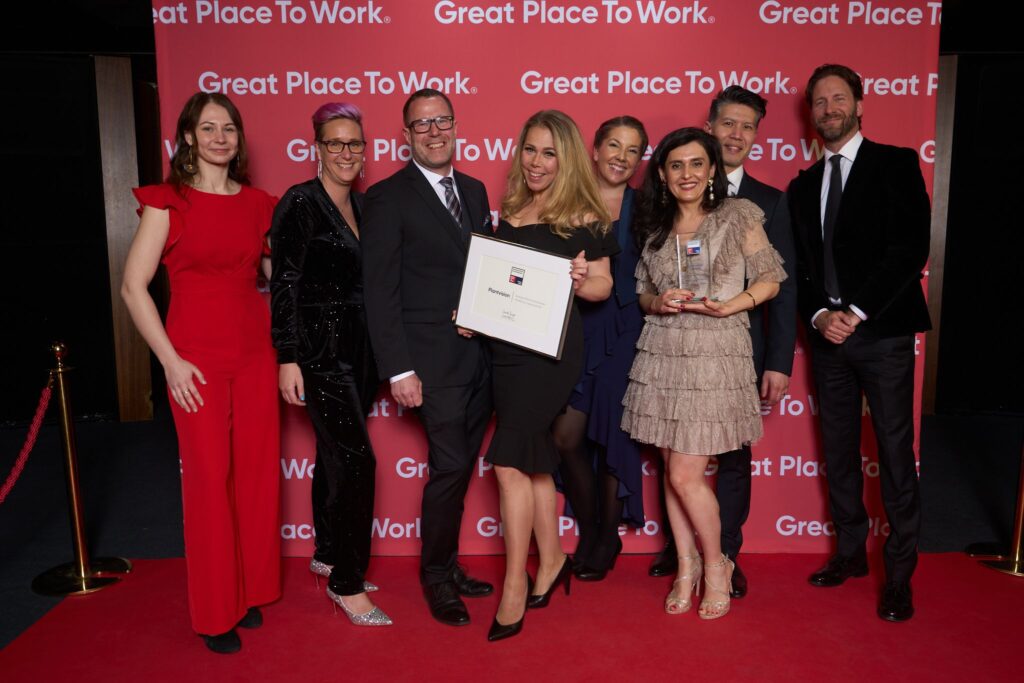 Team from Plantvision AB accepting award as one of Swedens best workplaces at Great Place to Work awards ceremony 2023